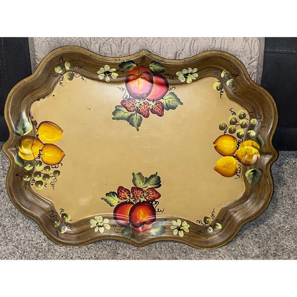 NASHCO Tole Hand-Painted Toleware Tray Fruit Flowers Large  27" x 20” - Picture 2 of 15